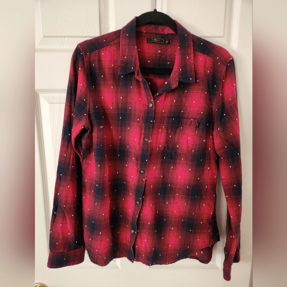 Obey Red and Black Plaid Women's Shirt With Embroidered Dots - L